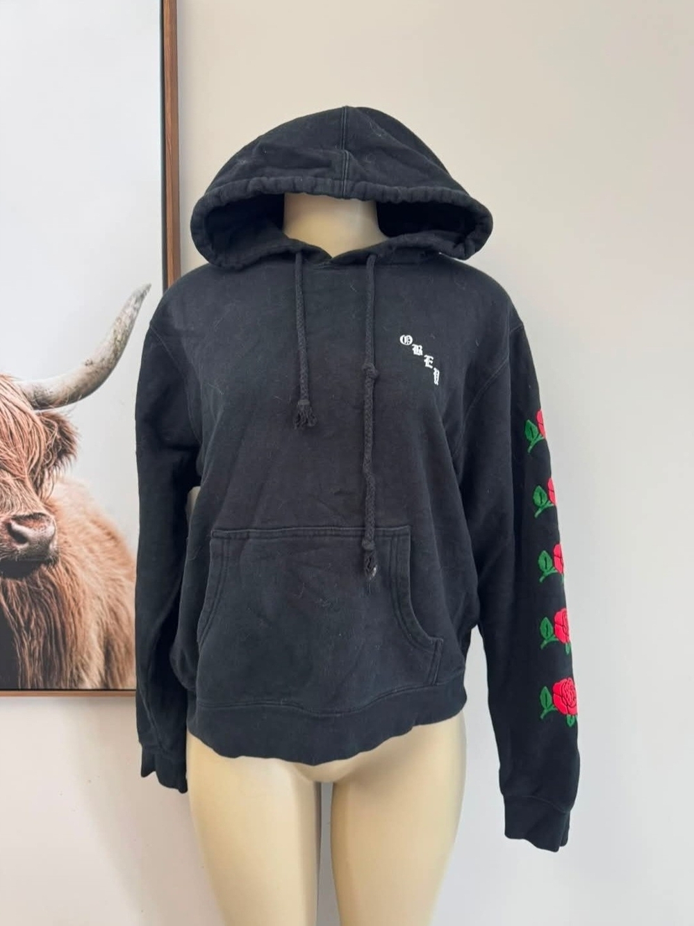 Obey Black Hoodie with Red Rose Sleeve Embroidery